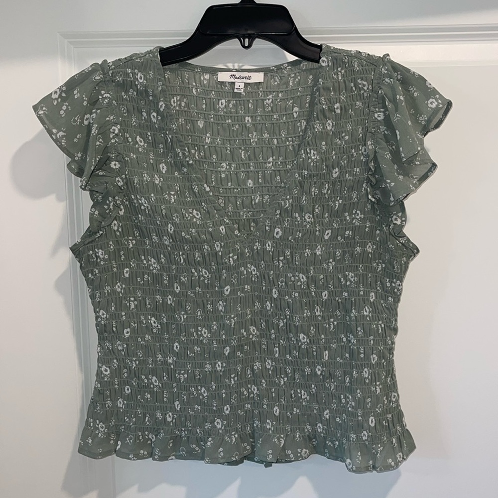 Madewell sage green floral ruffle top